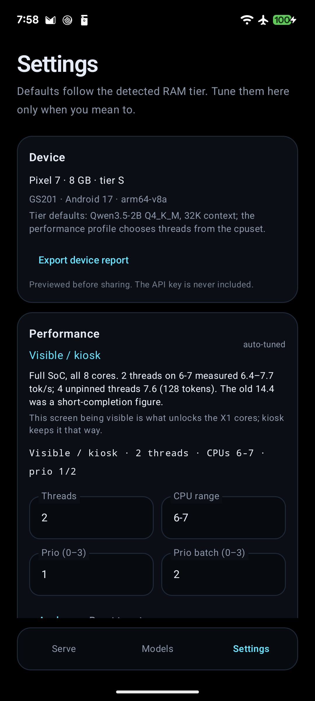Settings: device, performance profile and tuning